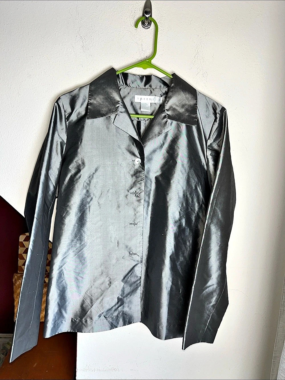 TWEEDS Gunmetal Gray Shantung Silk Lightweight Jacket Capiz Buttons Size M